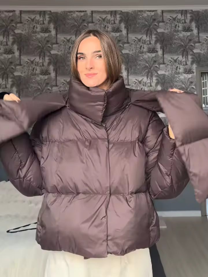 Choco Cloud Comfort – Luxury Cotton Women's Puffer Jacket Chocolate Brown with Scarf