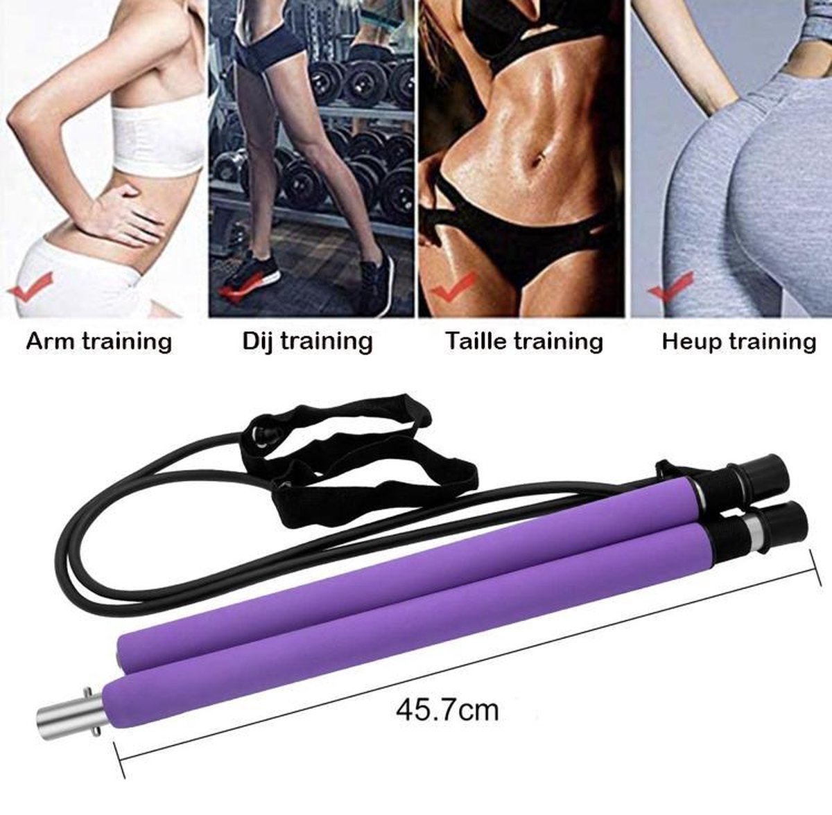 Purple Pilates Bar with Resistance Bands – Compact Full-Body Workout Stick for Home