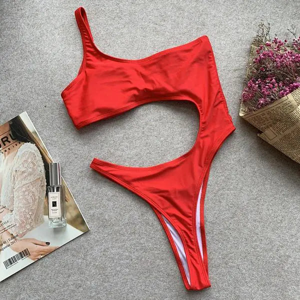 Becker's Amsterdam™ - Malibu Eendelige Rode Sensuele Baywatch Open Schouder Bikini Zwempak