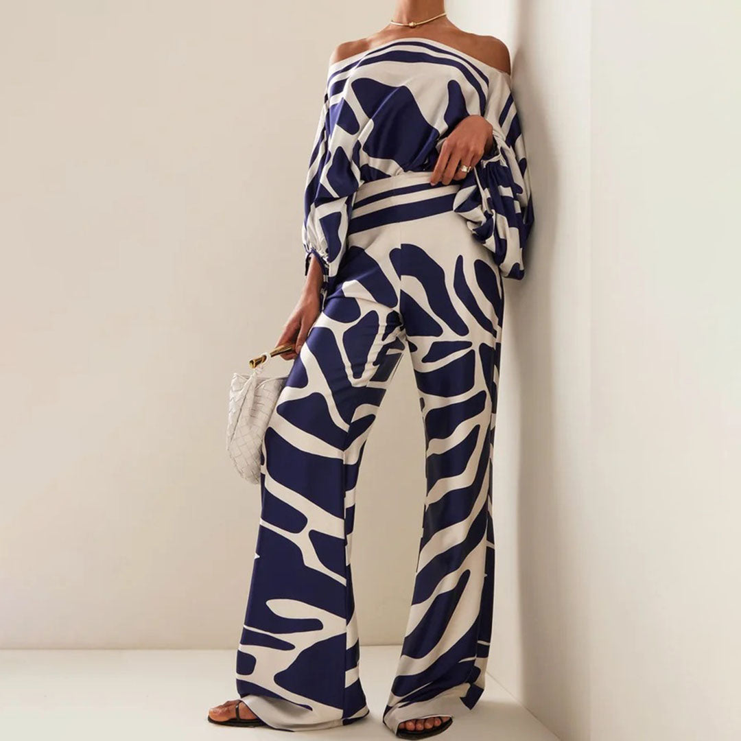 Elysia satin co -ord sett -satin Off -Houlder Top & High -waist Wijde Broek | Amsterdam Becker