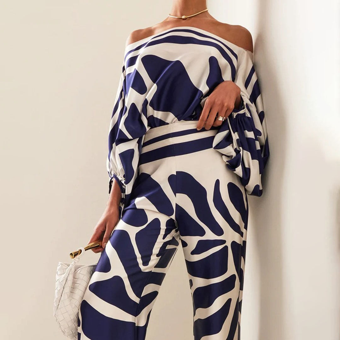 Elysia satin co -ord sett -satin Off -Houlder Top & High -waist Wijde Broek | Amsterdam Becker