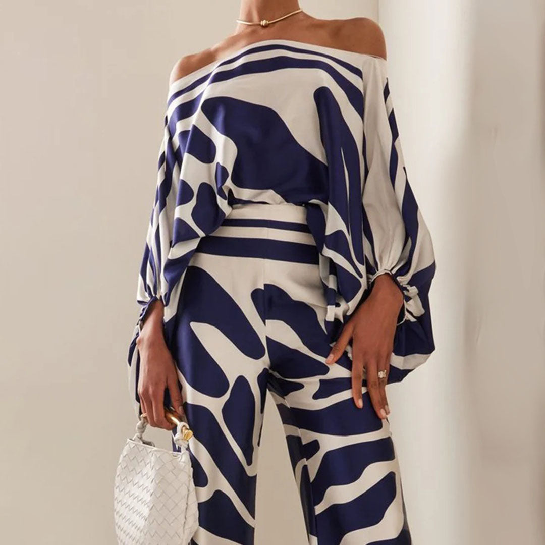Elysia satin co -ord sett -satin Off -Houlder Top & High -waist Wijde Broek | Amsterdam Becker