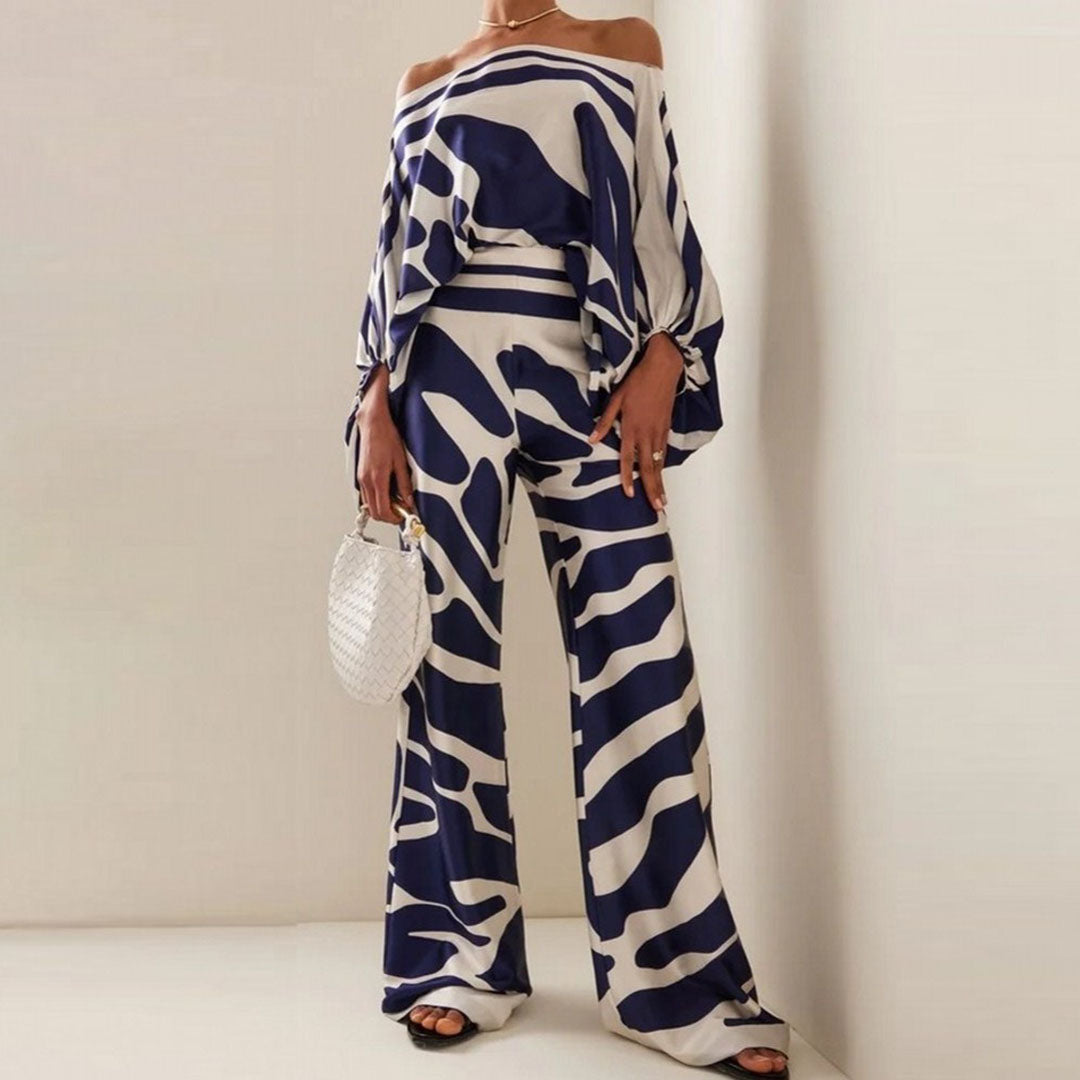 Elysia satin co -ord sett -satin Off -Houlder Top & High -waist Wijde Broek | Amsterdam Becker
