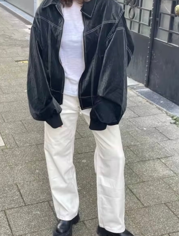 Linde Leren Bomberjack: Stijlvolle Oversized Pasvorm met Ribgebreide Details