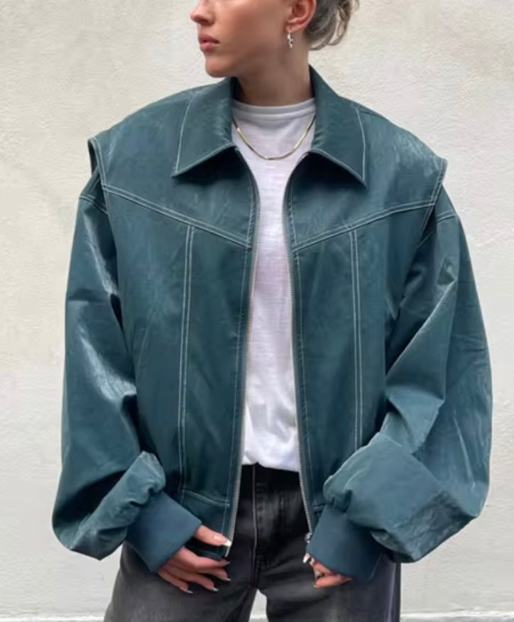 Linde Leren Bomberjack: Stijlvolle Oversized Pasvorm met Ribgebreide Details