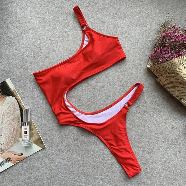 Becker's Amsterdam™ - Malibu Eendelige Rode Sensuele Baywatch Open Schouder Bikini Zwempak
