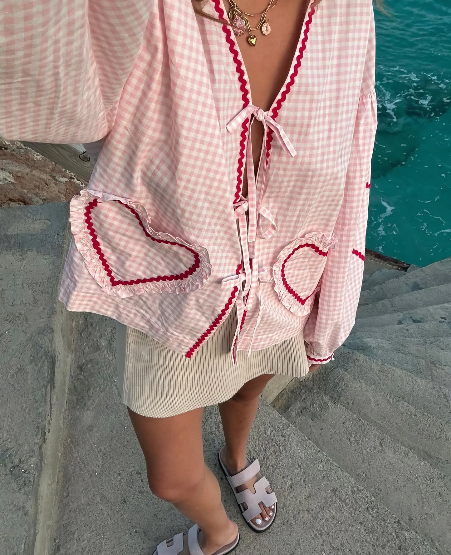 MARINA GINGHAM TIE BLOSSE - Blusa con puffleeves e chiusura Strik per | Becker Amsterdam