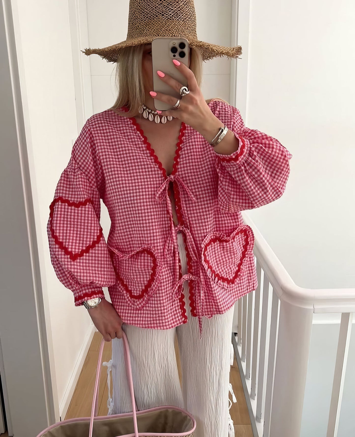 MARINA GINGHAM TIE BLOSSE - Blusa con puffleeves e chiusura Strik per | Becker Amsterdam