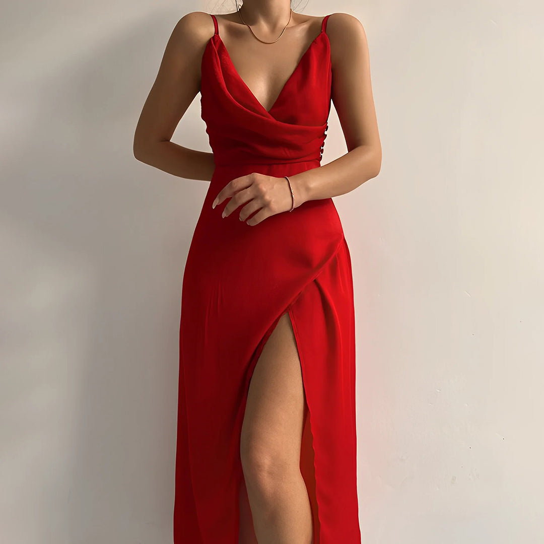 Valentina Satin Maxi - Figure accentuating evening dress with V -Hals & High Split | Becker’s Amsterdam