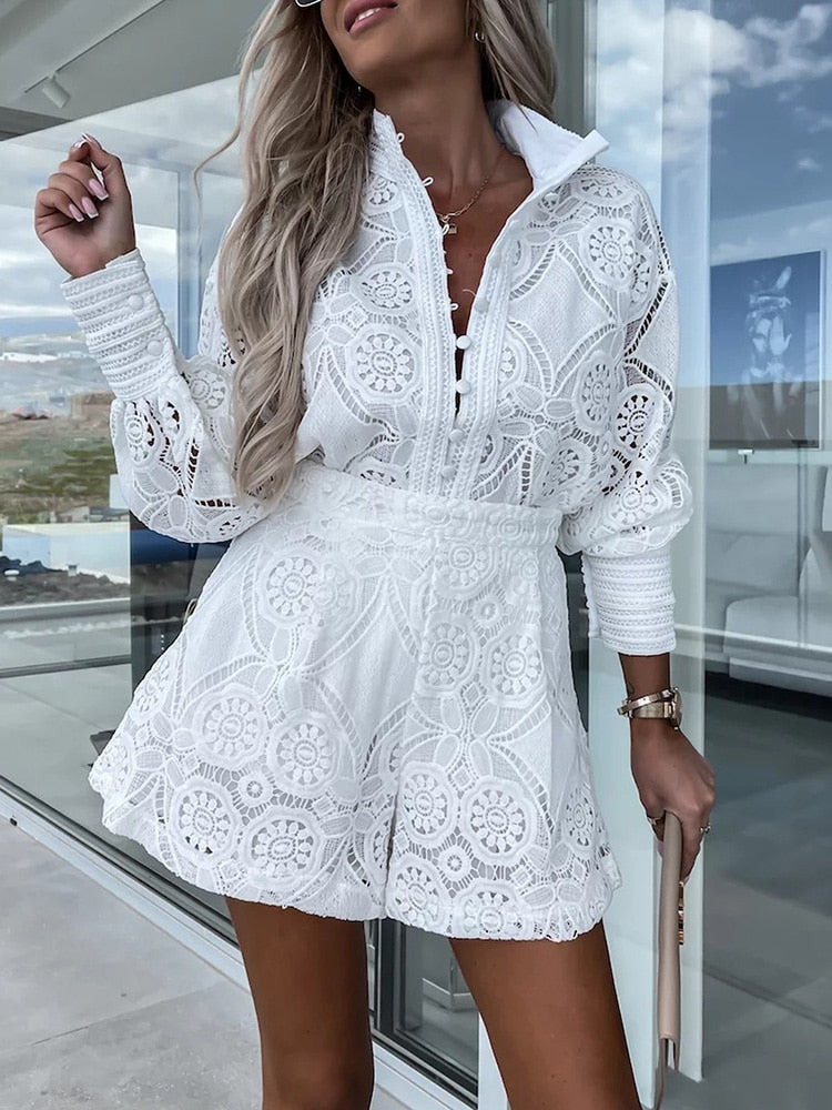 Dames Kanten Set – Blouse met Lange Mouwen – Hoge Taille Shorts – Elegant en Luchtig
