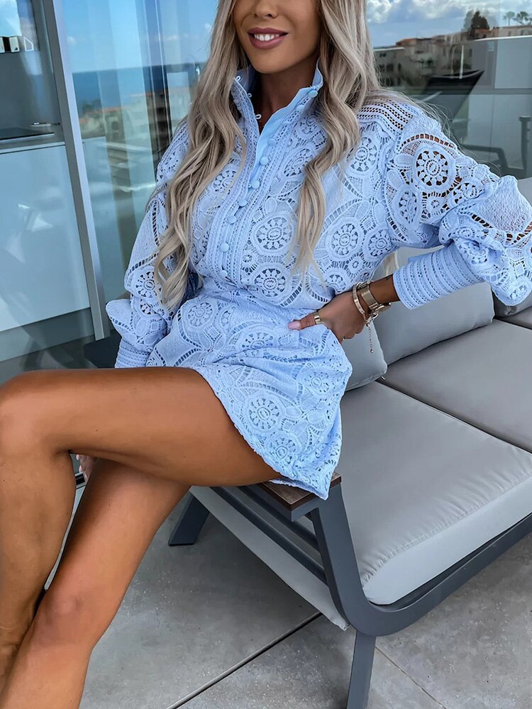 Dames Kanten Set – Blouse met Lange Mouwen – Hoge Taille Shorts – Elegant en Luchtig