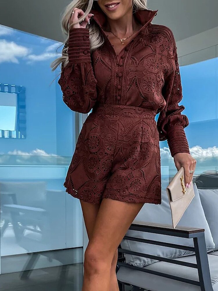 Dames Kanten Set – Blouse met Lange Mouwen – Hoge Taille Shorts – Elegant en Luchtig