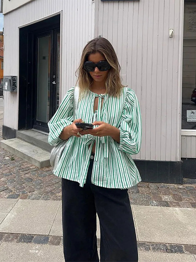 Marisol Stripe Puff Blouse - striped blouse with puffed sleeves & loose fit | Becker’s Amsterdam