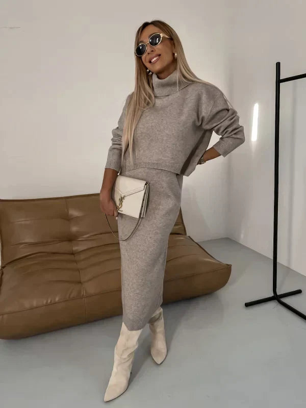Marley Rollneck Midi™ – dames gebreide midi-jurk met hoge hals en lange mouwen, comfortabel en stijlvol van Becker’s Amsterdam