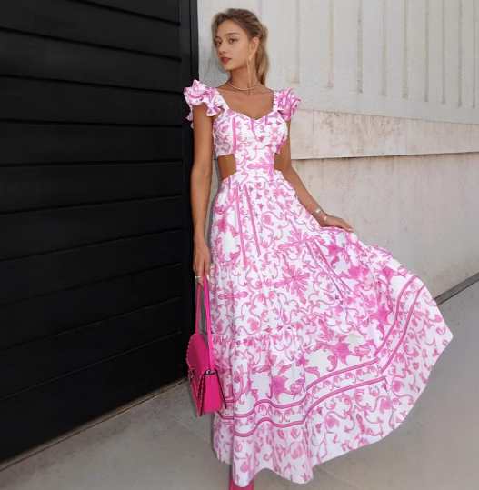 Vestido V -maxi de Flora Ruffle -Vestido máximo con mangas largas, V -neck & Flower estampado | Amsterdam de Becker