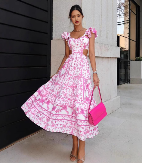 Vestido V -maxi de Flora Ruffle -Vestido máximo con mangas largas, V -neck & Flower estampado | Amsterdam de Becker