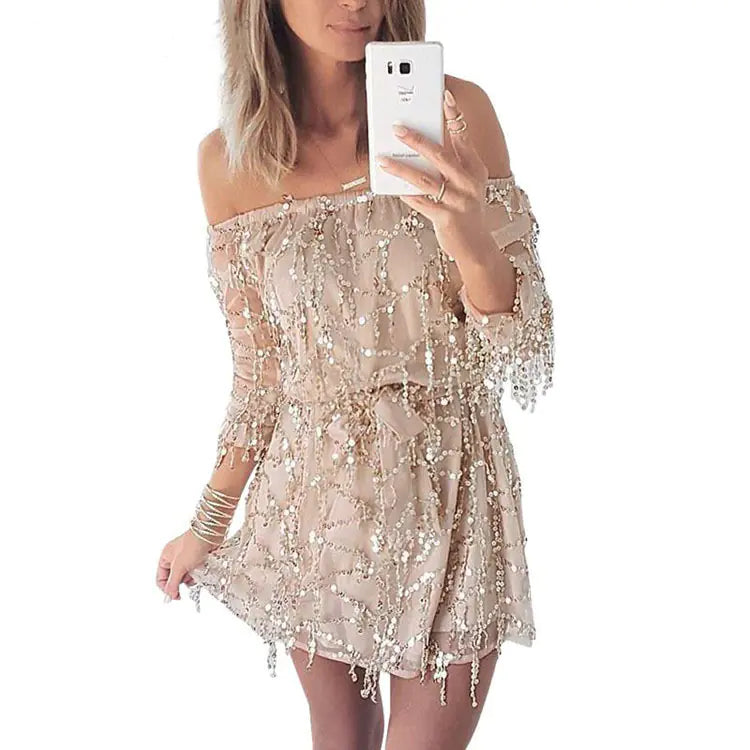Zanzibar Pailletten Dress - One -Shoulder short party dress with fringes | Becker’s Amsterdam