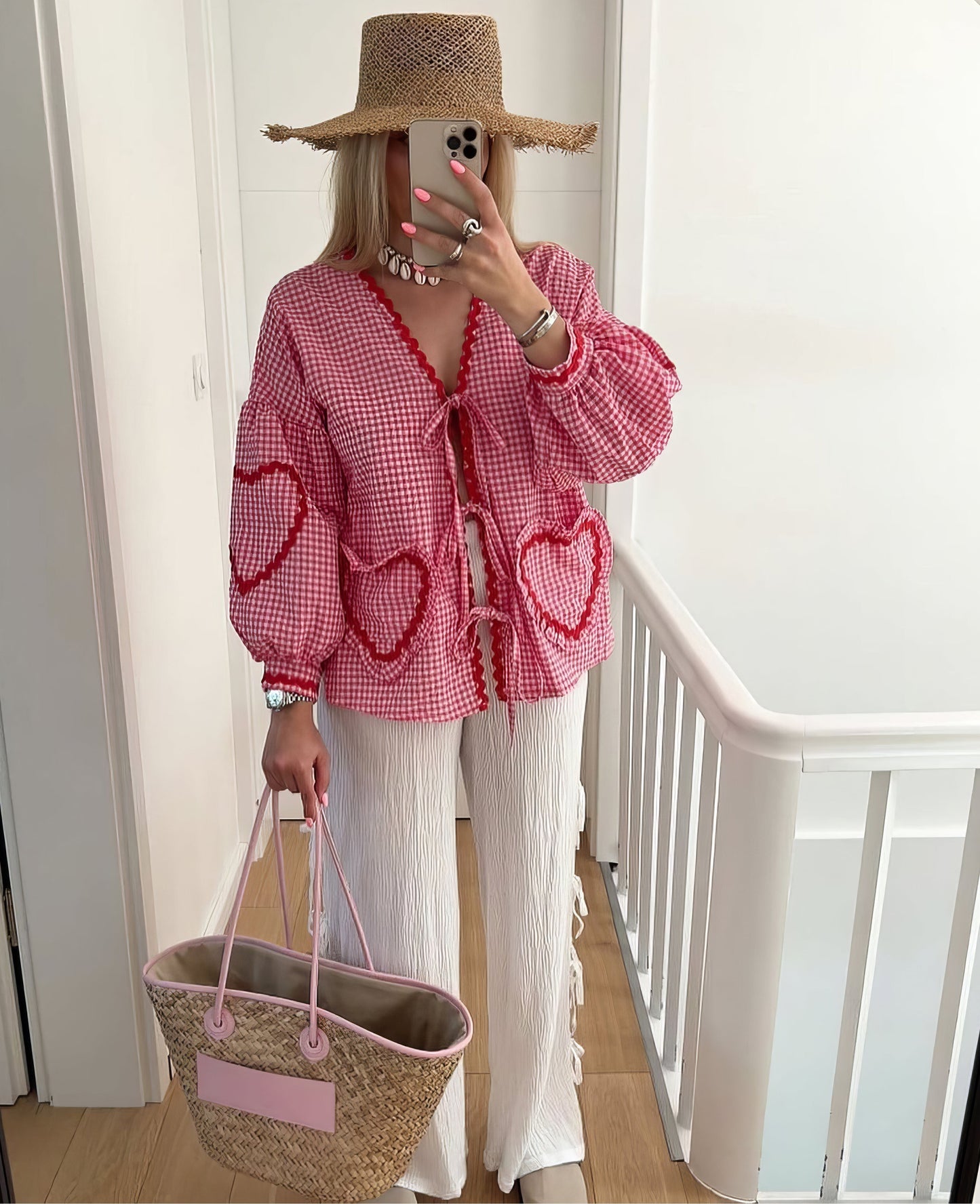 MARINA GINGHAM TIE BLOSSE - Blusa con puffleeves e chiusura Strik per | Becker Amsterdam