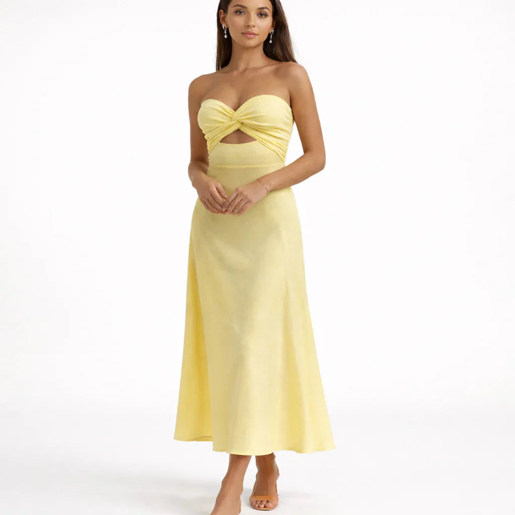 Rochie Maxi Liora Galbenă – Aspect de vară elegant cu umeri | Amsterdamul lui Becker