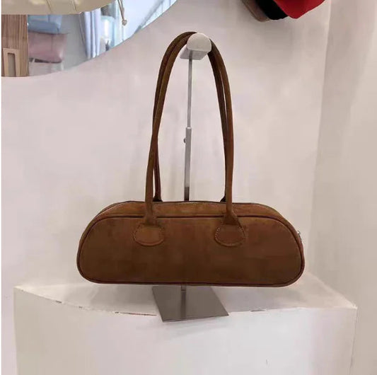 Simple Suede Baguette Chestnut Brown Bag - Kastanjebruine Baguettetas