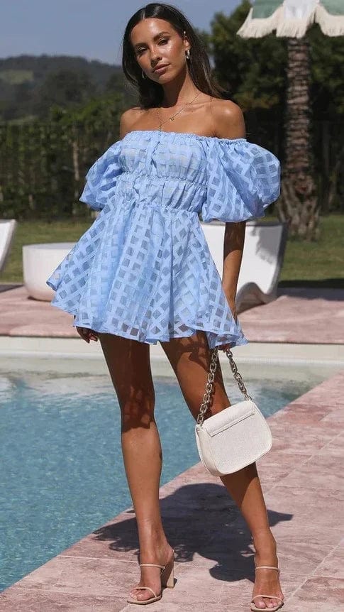 Valmont Off-Shoulder Mini Dress – Light Blue Elegance & Romantic Flair | Becker's Amsterdam