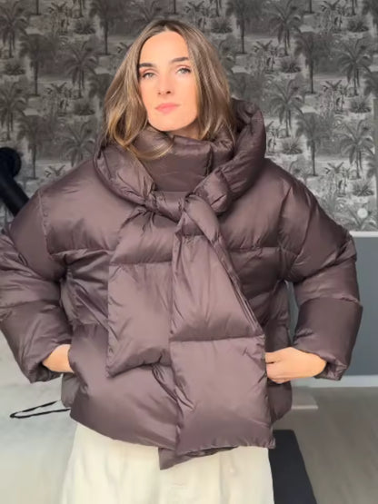 Choco Cloud Comfort – Luxury Cotton Women's Puffer Jacket Chocolate Brown with Scarf