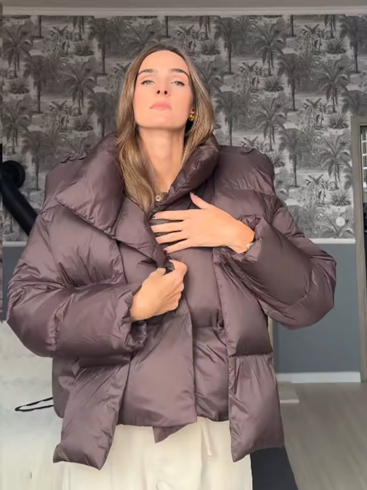 Choco Cloud Comfort – Luxury Cotton Women's Puffer Jacket Chocolate Brown with Scarf