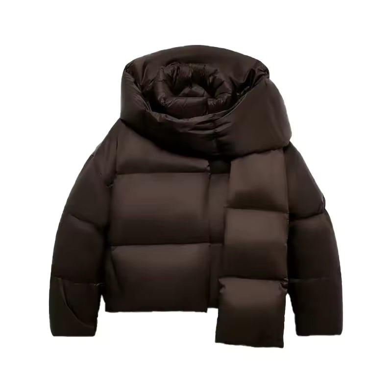 Choco Cloud Comfort – Luxury Cotton Women's Puffer Jacket Chocolate Brown with Scarf