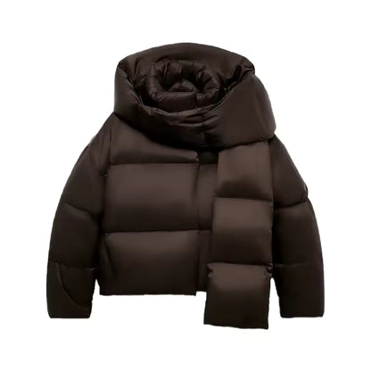 Choco Cloud Comfort – Luxury Cotton Women's Puffer Jacket Chocolate Brown with Scarf