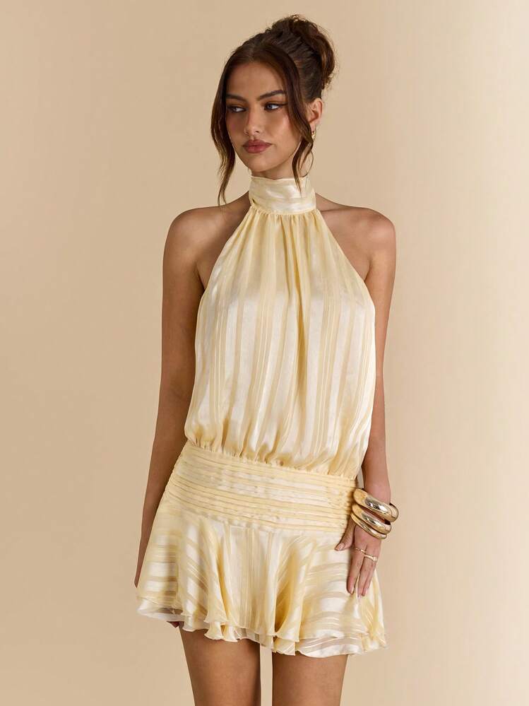 Limnos Crème Mini Jurk – Elegante Jurk met Open Rug & Hoge Hals | Becker's Amsterdam