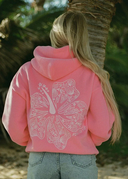 Model draagt Flora Dream hoodie – oversized dames hoodie van katoenmix met grote bloemenprint op de rug | Becker’s Amsterdam