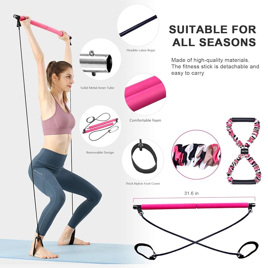 Pink Pilates Bar with Resistance Bands – Compact Fitness Stick for Full-Body Workout at Home