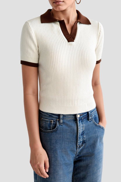 Velina Knitted Polo Top - Colorblock Design With Ribbed Collar | Becker's Amsterdam