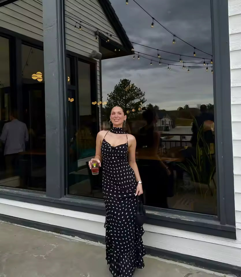 Lydia Maxi Jurk - Zwart met Witte Polkadots en Sjaaldetail │ Becker's Amsterdam
