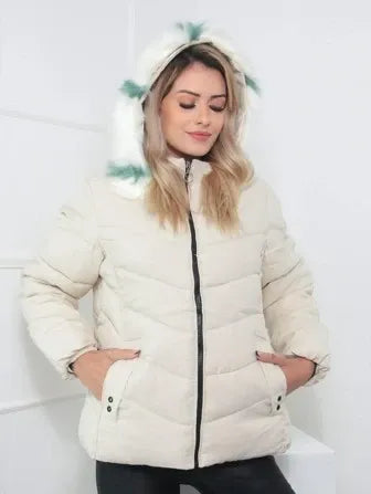 Eliane Wattierter, warmer Wintermantel – Luxuriöser Damenmantel mit Kapuze und Pelzbesatz