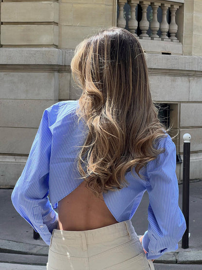Elvara Randig Cropped Damblus - Ljusblå Modern Chic | Beckers Amsterdam