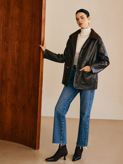 Sofia | Espressobraune Kunstlederjacke mit Teddyfutter – Warme und stylische Damenjacke