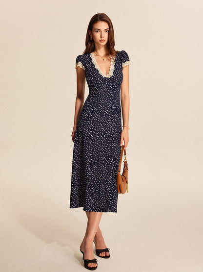 Abito midi Myna blu navy – Abito elegante con pois bianchi, pizzo e maniche a sbuffo | L'Amsterdam di Becker