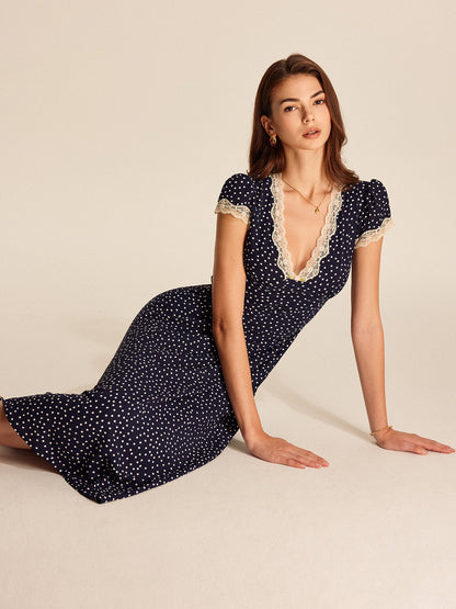 Abito midi Myna blu navy – Abito elegante con pois bianchi, pizzo e maniche a sbuffo | L'Amsterdam di Becker