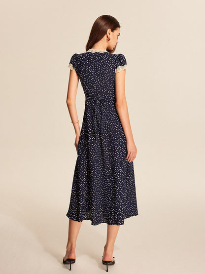 Abito midi Myna blu navy – Abito elegante con pois bianchi, pizzo e maniche a sbuffo | L'Amsterdam di Becker