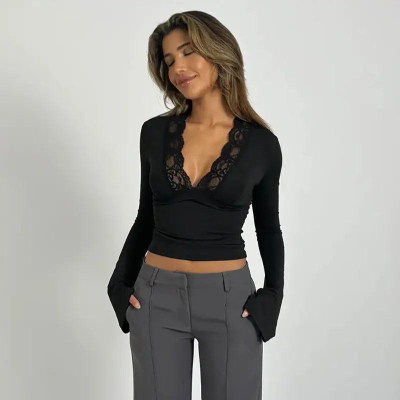 Roxana Lace Luxe – Elegant Langarm T-shirt met Kant voor Dames