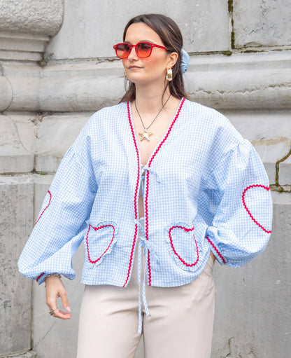 MARINA GINGHAM TIE BLOSSE - Blusa con puffleeves e chiusura Strik per | Becker Amsterdam
