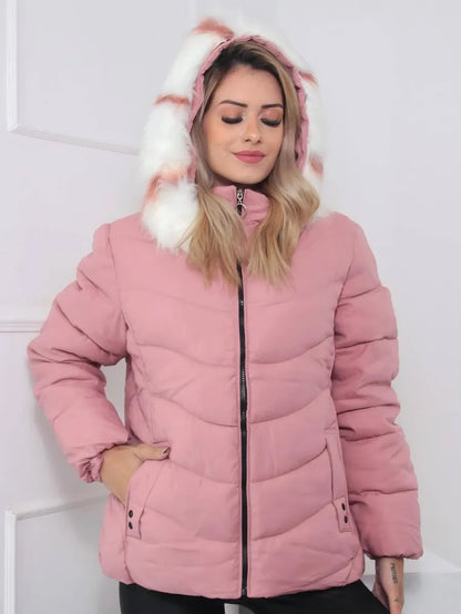 Eliane Wattierter, warmer Wintermantel – Luxuriöser Damenmantel mit Kapuze und Pelzbesatz