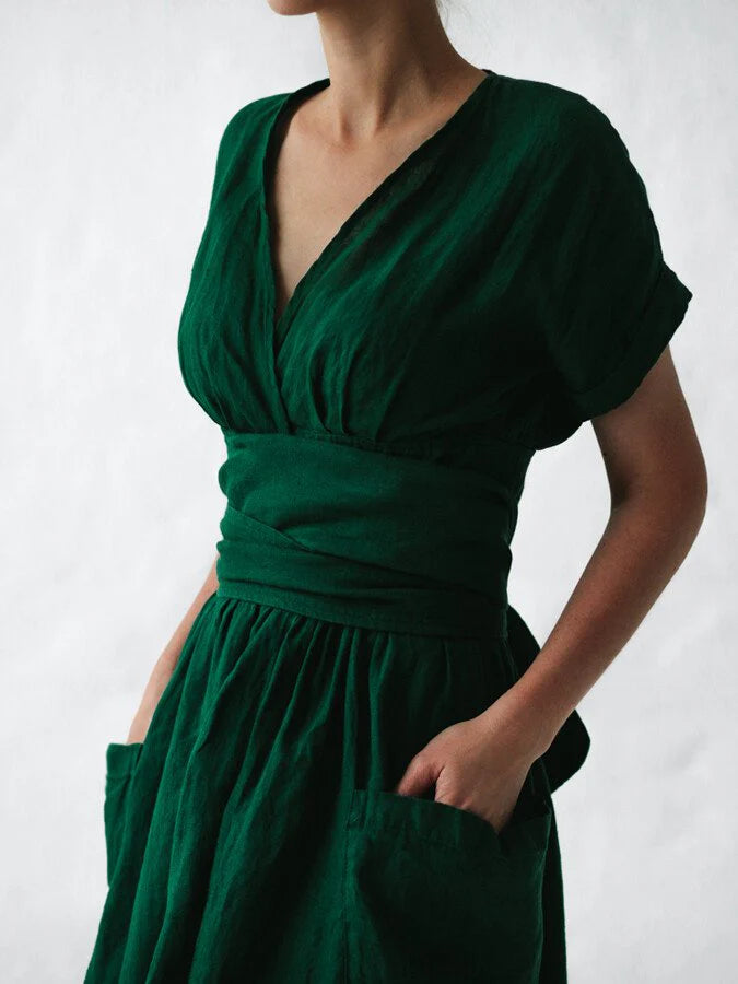 Chic Green Linen Dress With Lace-Up Band