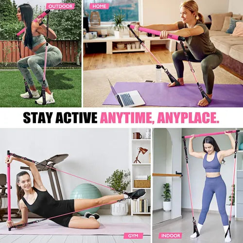 Pink Pilates Bar with Resistance Bands – Compact Fitness Stick for Full-Body Workout at Home