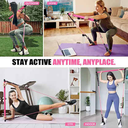 Pink Pilates Bar with Resistance Bands – Compact Fitness Stick for Full-Body Workout at Home