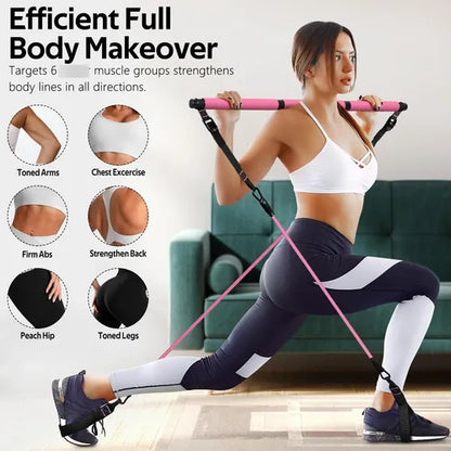 Pink Pilates Bar with Resistance Bands – Compact Fitness Stick for Full-Body Workout at Home