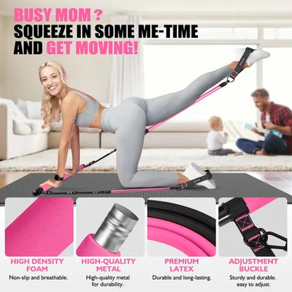 Pink Pilates Bar with Resistance Bands – Compact Fitness Stick for Full-Body Workout at Home