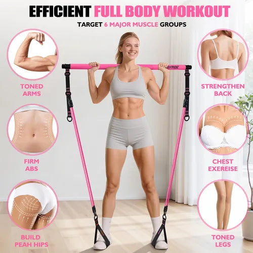Pink Pilates Bar with Resistance Bands – Compact Fitness Stick for Full-Body Workout at Home