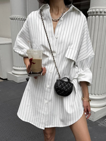 Vestido Camisa Oversized Branco Naéline – Casual Chique com Listras Elegantes | Amsterdã de Becker